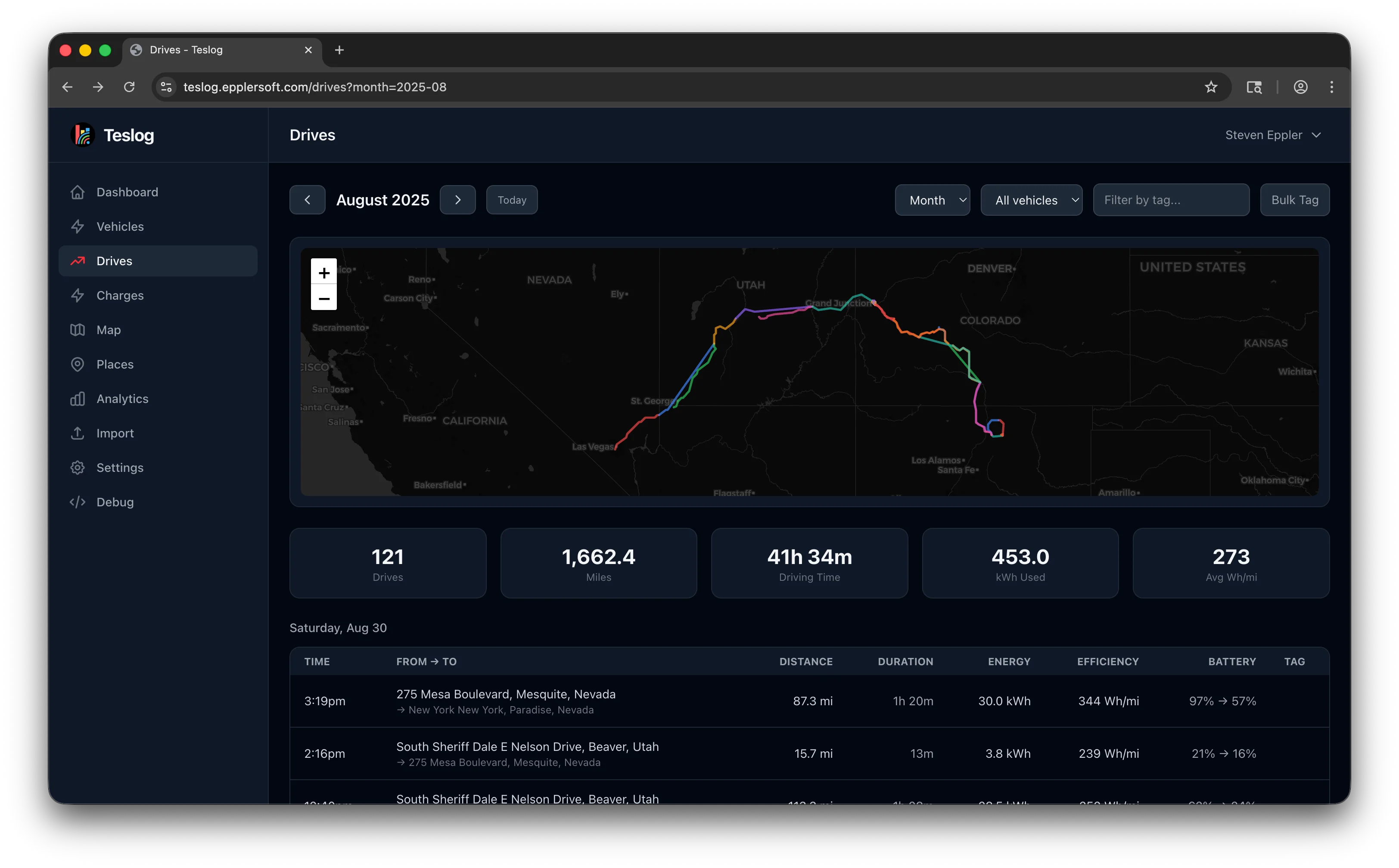Drive history with route maps and efficiency stats